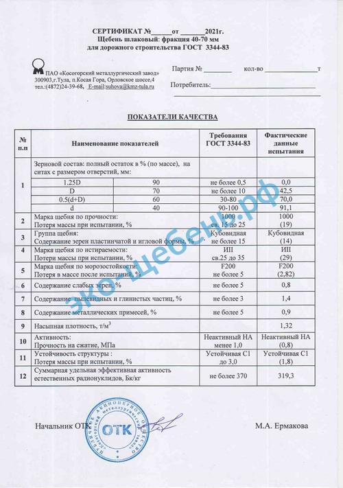 Сертификат на шлаковый щебень 40-70 