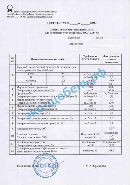 Сертификат на шлаковый щебень 5-20 